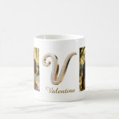 Mug Lettre initiale luxe cursive or blanc V + 2 PHOTO (Centre)