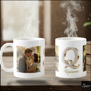 Mug Lettre Initiale Q en Or Blanc Cursif Luxueux + 2 P