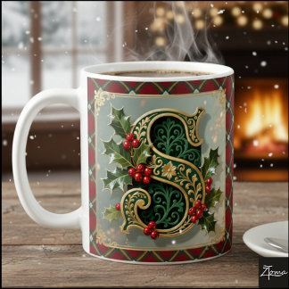 Mug Lettre initiale S de Noël en or élégant au houx