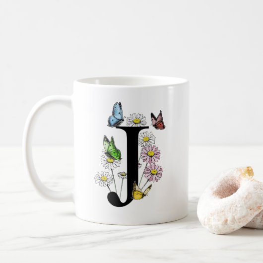 Mug LETTRE J Aquarelle Botanique Papillon monogramme (Avec donut)