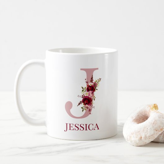 Mug Lettre J Bourgogne Blush Floral (Avec donut)