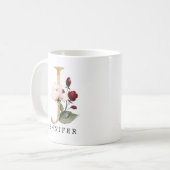 Mug Lettre J Fleur Burgundy et Blush Doré Élégant (Devant gauche)