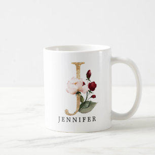 Mug Lettre J Fleur Burgundy et Blush Doré Élégant
