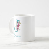 Mug Lettre J Turquoise rose floral (Devant gauche)