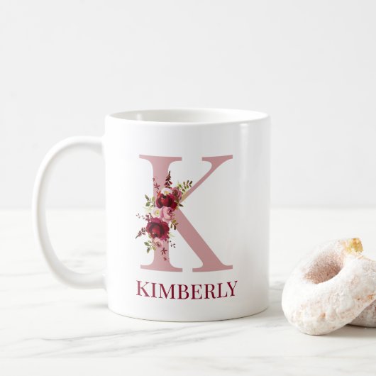 Mug Lettre K Bourgogne Blush Floral (Avec donut)