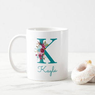 Mug Lettre K Floral Rose et Sarcelle