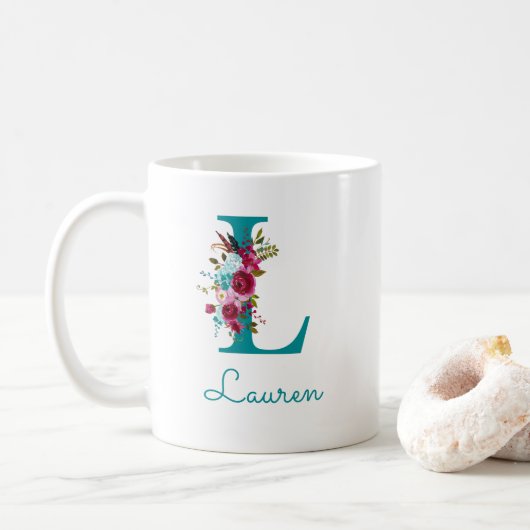 Mug Lettre L Turquoise rose floral (Avec donut)