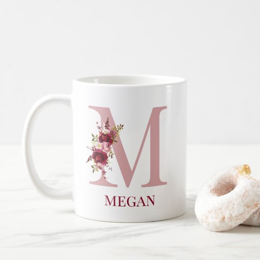 Mug Lettre M Bourgogne Blush Floral (Avec donut)