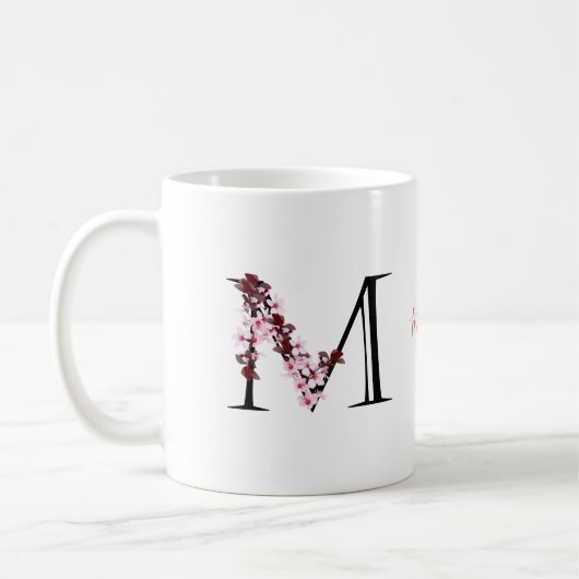 Mug Lettre M, Fleur de cerisier | Nom du script du mon (Gauche)