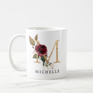 Mug Lettre M Fleurs Élégantes Or Bourgogne et Blush