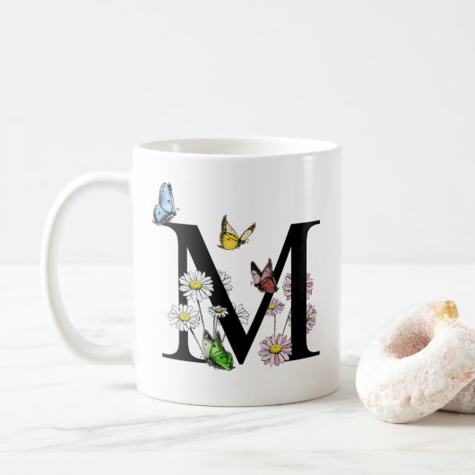 Mug LETTRE M MONOGRAPHIQUE MOYENNE AQUATIQUE Florale (Avec donut)