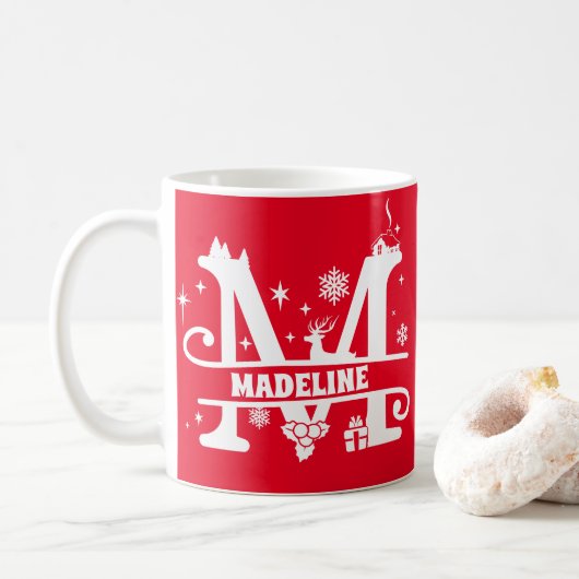 Mug Lettre M Noël Monogramme Nom initial Rouge   (Avec donut)