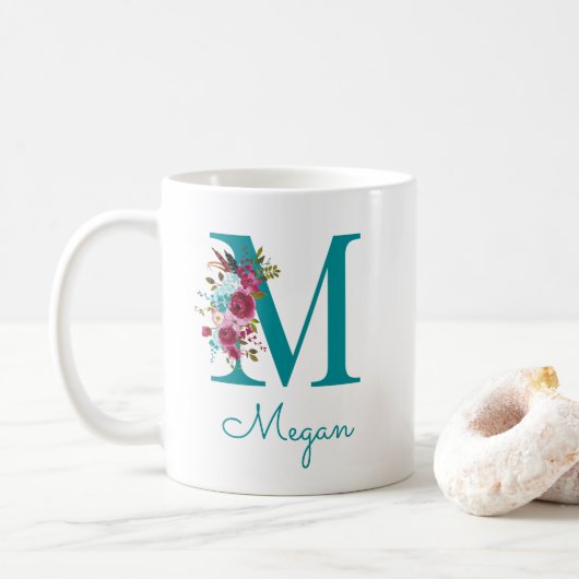 Mug Lettre M Turquoise rose floral (Avec donut)