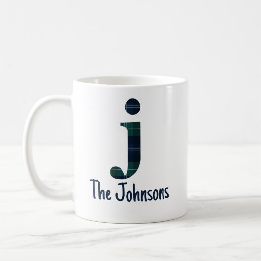 Mug Lettre minuscule j initiale et nom en Imprimé écos (Gauche)