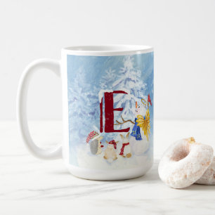 Mug Lettre monogramme E Noël Snowman Angel Woodland