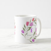 Mug Lettre monogramme E Purple & Blanc avec fleurs (Devant droit)