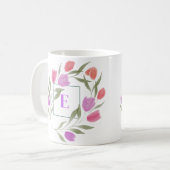 Mug Lettre monogramme E Purple & Blanc avec fleurs (Devant gauche)