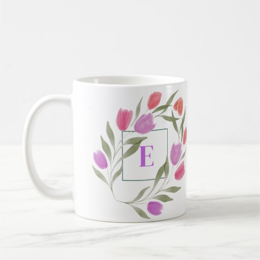 Mug Lettre monogramme E Purple & Blanc avec fleurs (Gauche)