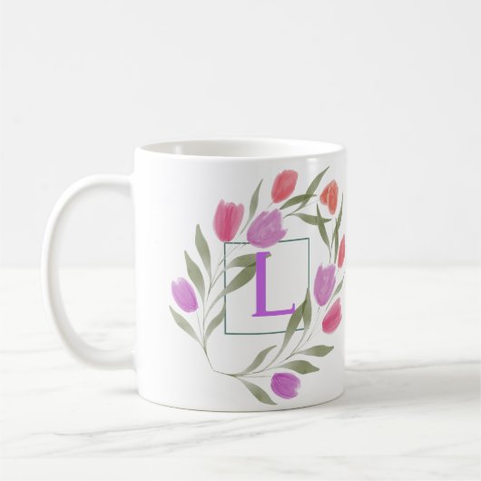 Mug Lettre monogramme F Violet et blanc avec fleurs (Gauche)