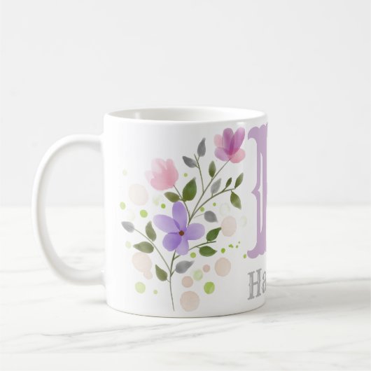 Mug Lettre monogramme H & Nom avec Fleurs (Gauche)