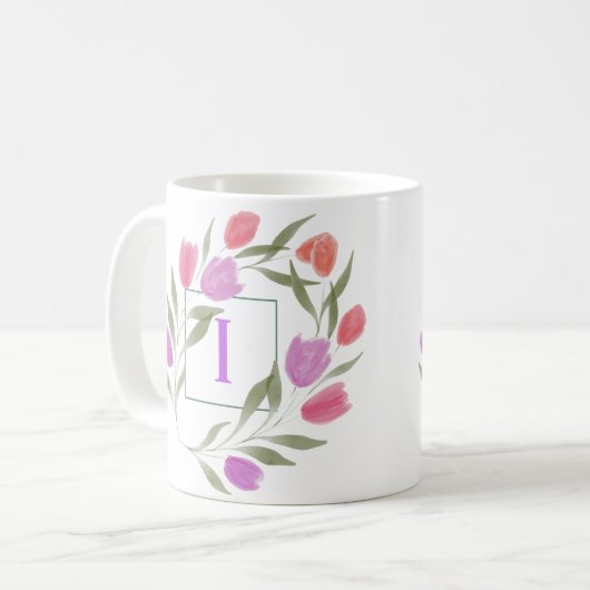 Mug Lettre monogramme I pourpre & blanc avec fleurs (Devant gauche)