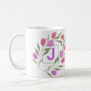 Mug Lettre monogramme J violet & blanc avec fleurs