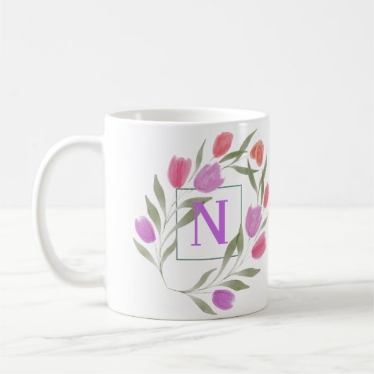 Mug Lettre monogramme N Purple & Blanc avec fleurs (Gauche)