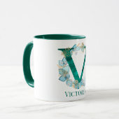 Mug Lettre monogramme V en aquarelle sarcelle et or (Devant gauche)