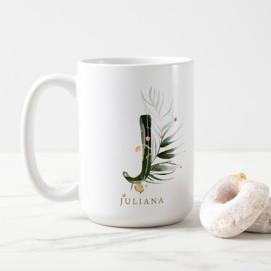 Mug LETTRE MONOGRAPHIQUE DE FLIAGE Tropical "J" Person (Avec donut)