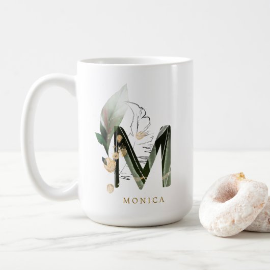 Mug LETTRE MONOGRAPHIQUE DE FLIAGE Tropical "M" Person (Avec donut)