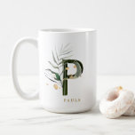 Mug LETTRE MONOGRAPHIQUE DE FLIAGE Tropical "P" Person<br><div class="desc">Lettre monogramme de feuillage tropical personnalisé "P" aux accents d'or faux café mug. Cliquez sur le lien Customiser pour modifier la police,  la taille et la couleur.  >>> Consultez l'ensemble de la collection (lien ci-dessous) https://www.zazzle.com/collections/tropical_foliage_monogram_tote_bags_coffee_mugs-119635332640853209</div>
