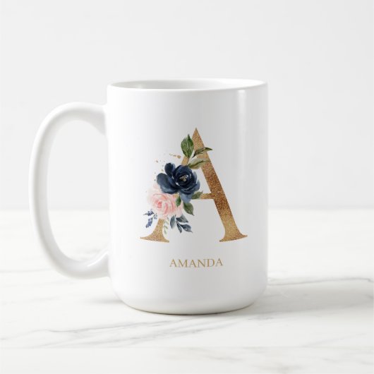 Mug LETTRE MONOGRAPHIQUE Florale Blush Navy "A" Person (Gauche)