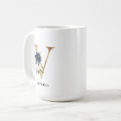 Mug LETTRE MONOGRAPHIQUE Florale Blush Navy "V" Person (Devant gauche)
