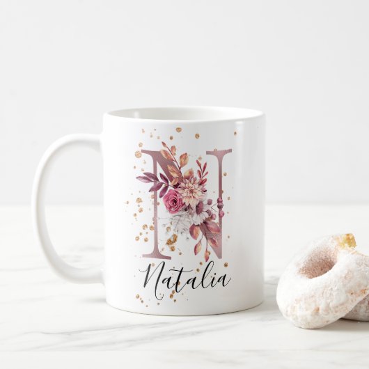 Mug LETTRE MONOGRAPHIQUE Florale Rose Mauve Rose Dustè (Avec donut)