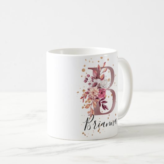 Mug LETTRE MONOGRAPHIQUE Florale Rose Mauve Rose Duste (Devant droit)