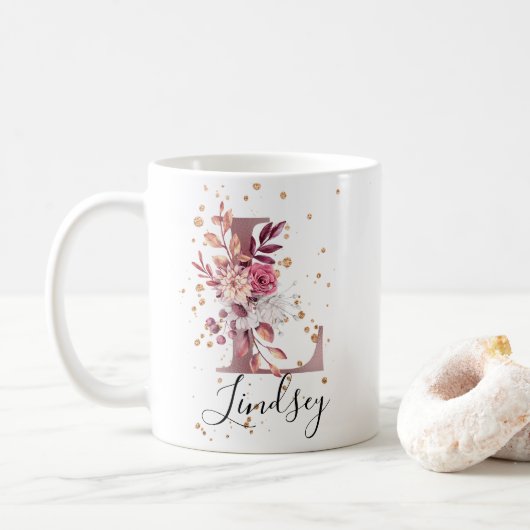 Mug LETTRE MONOGRAPHIQUE Florale Rose Mauve Rose Dustè (Avec donut)