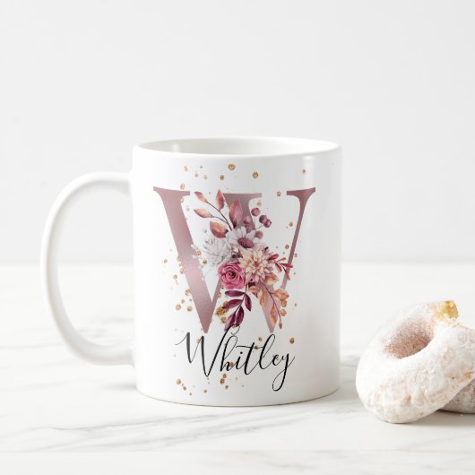 Mug LETTRE MONOGRAPHIQUE FLORALE ROSE MOUVE Rose DOUCE (Avec donut)