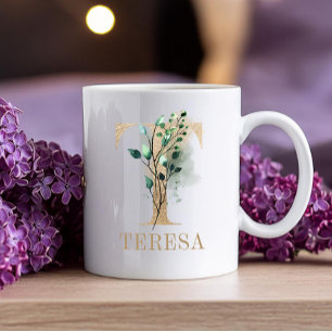 Mug LETTRE MONOGRAPHIQUE OR T Aquarelle Florale
