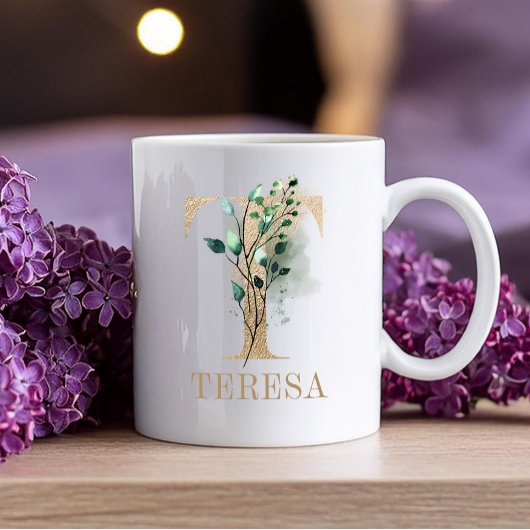 Mug LETTRE MONOGRAPHIQUE OR T Aquarelle Florale