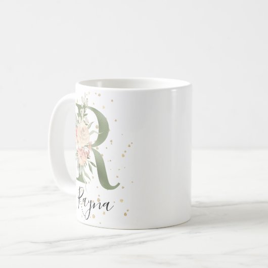 Mug LETTRE MONOGRAPHIQUE VERT Sage R CRÈME BLANCHE Flo (Devant gauche)
