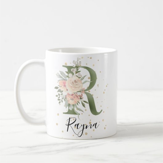 Mug LETTRE MONOGRAPHIQUE VERT Sage R CRÈME BLANCHE Flo (Gauche)