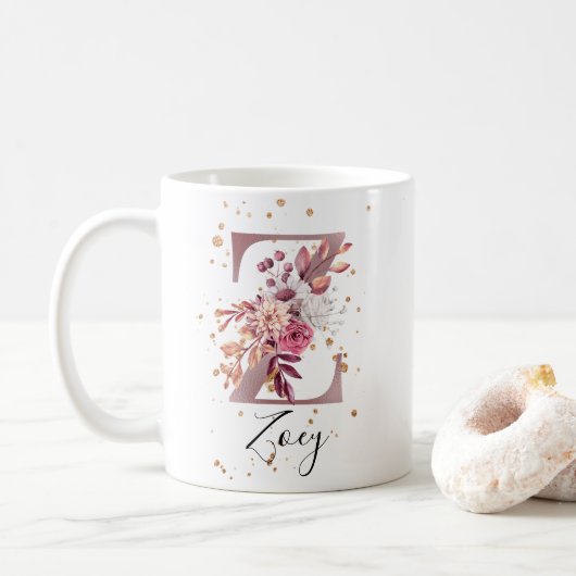 Mug LETTRE MOYENNE MOUVE Pink Floral Rose DOUCE Z (Avec donut)
