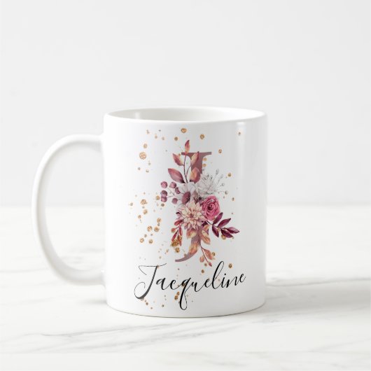 Mug LETTRE MOYENNE MOUVE Pink Floral Rose J (Gauche)