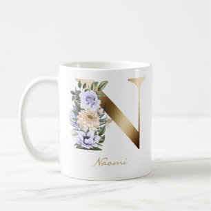 Mug Lettre N Monogramme or Crème violette claire Flora