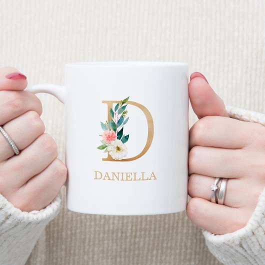 Mug Lettre or monogramme D | Vert rose floral