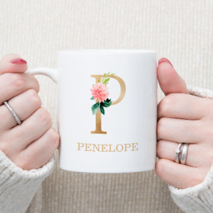 Mug Lettre or Monogramme P   Vert rose floral