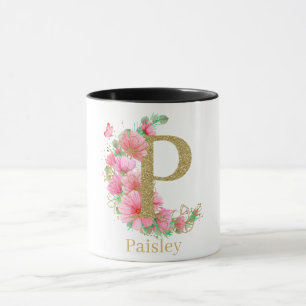 Mug Lettre P en monogramme floral et or aquarelle