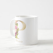 Mug Lettre P Monogramme or rose blanc Magenta Floral G (Devant gauche)