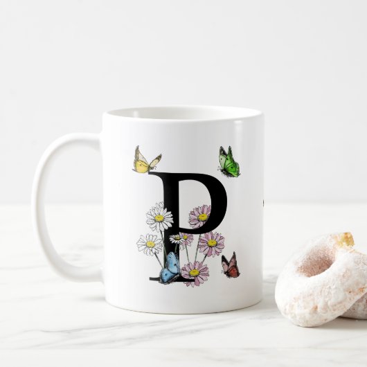 Mug Lettre P Papillon Floral Monogramme Initial (Avec donut)