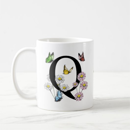 Mug Lettre Q Monogramme Papillon Floral Initial (Gauche)